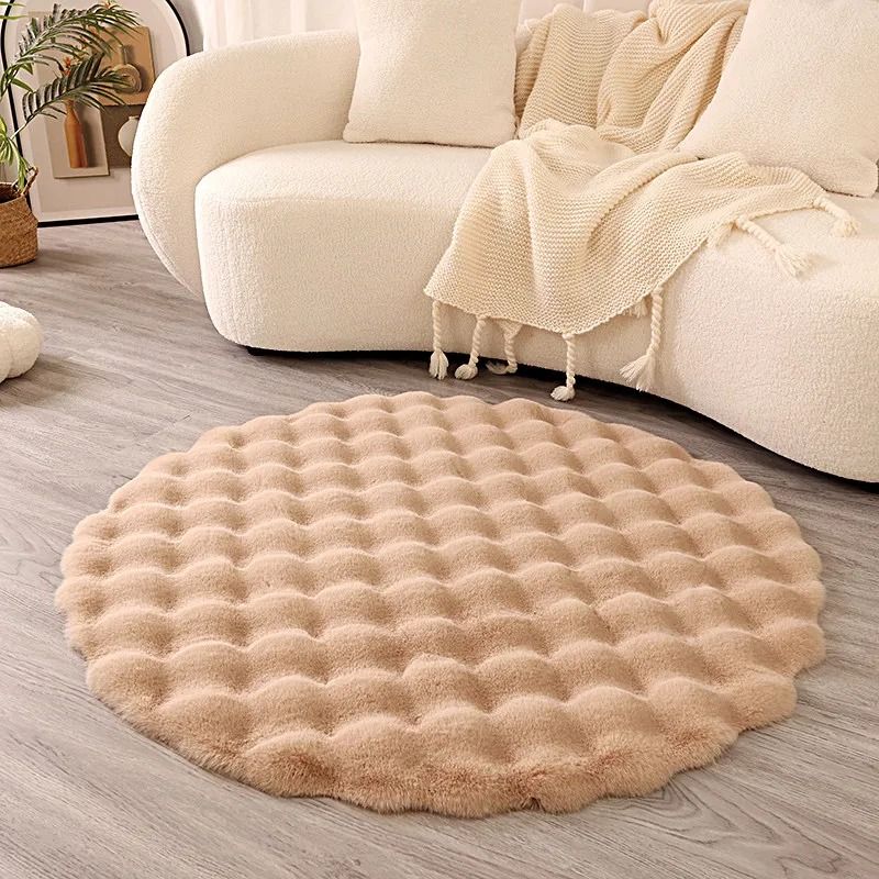 Premium Faux Rabbit Fur Bubble Carpet | Round Ultra-Soft Living Room Rug & Kids' Bedroom Game Cushion