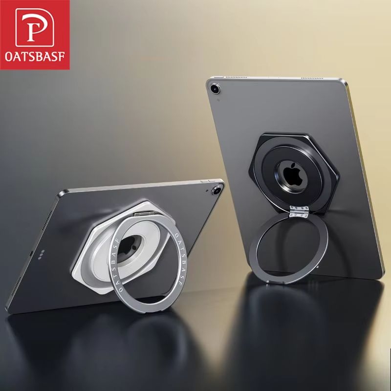 Oatsbasf Magnetic Tablet Ring Stand 360° Rotatable Adhesive Metal Bracket