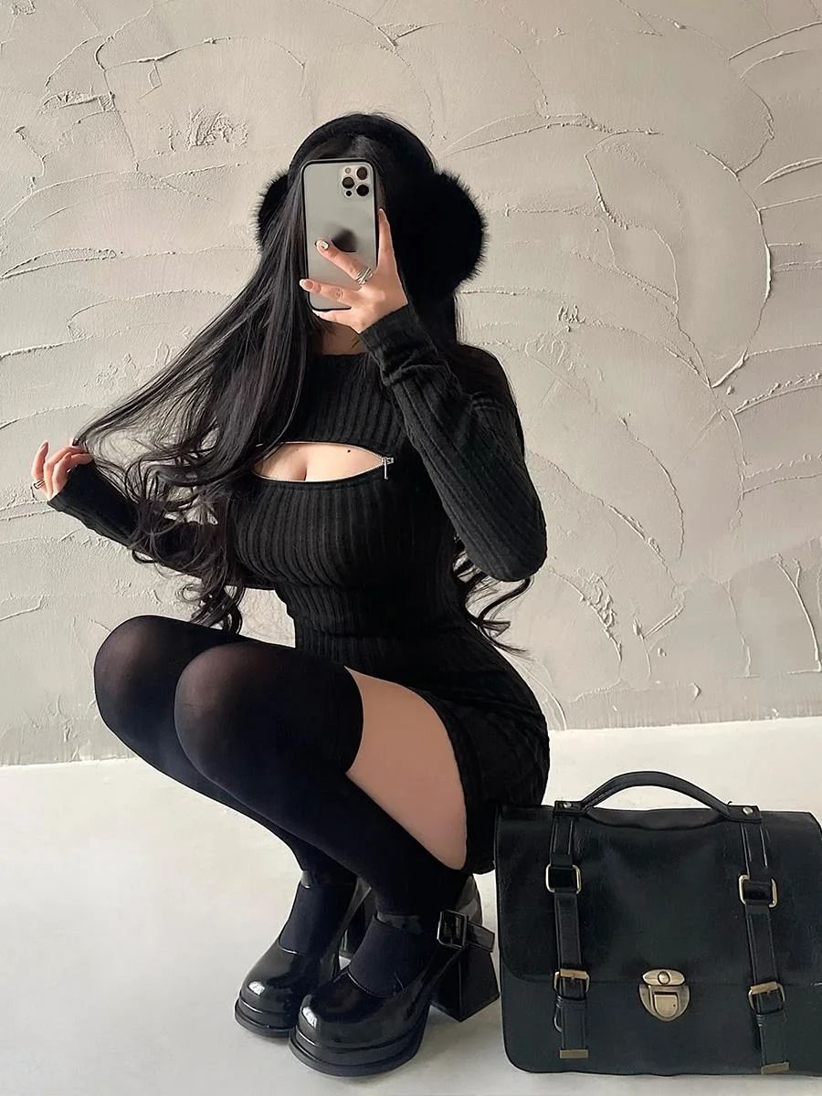WOMENGAGA Knitted Sweater Dress Long Sleeve Zip Front Bodycon Mini Dress