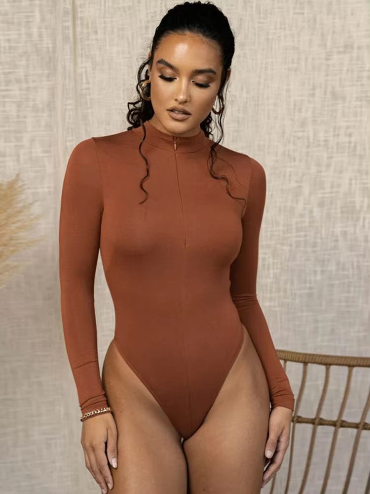 Sculpt Zip Women's Mock Neck Bodycon Bodysuit Long Sleeve Slim Fit Top
