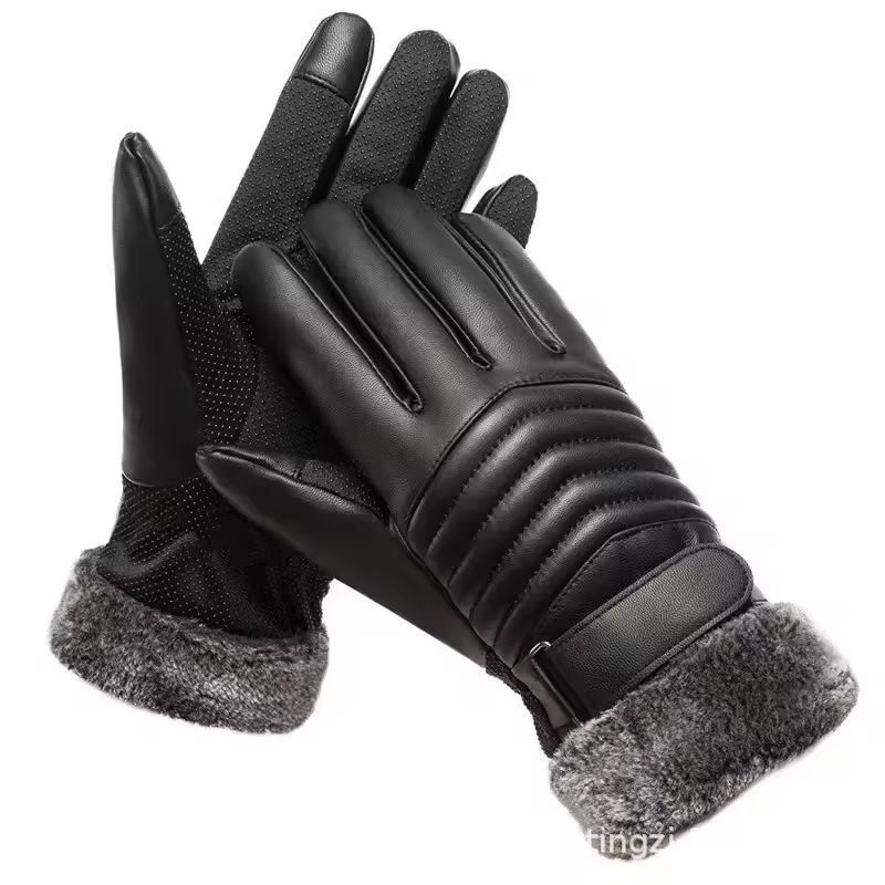 Plush Fur-Mouth Mens Winter Insulated Touchscreen Gloves - Ultimate Cold-Weather Outdoor Cycling & Motorbike Gear