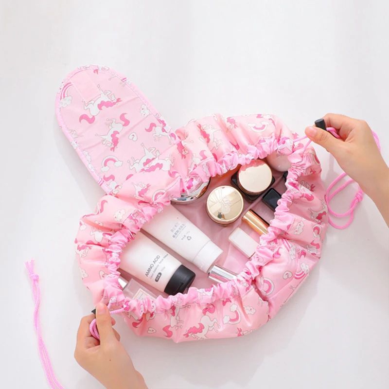Women Drawstring Cosmetic Bag Travel Makeup Organizer, Waterproof Nylon Portable Beauty Toiletry Case Pouch for Purse
