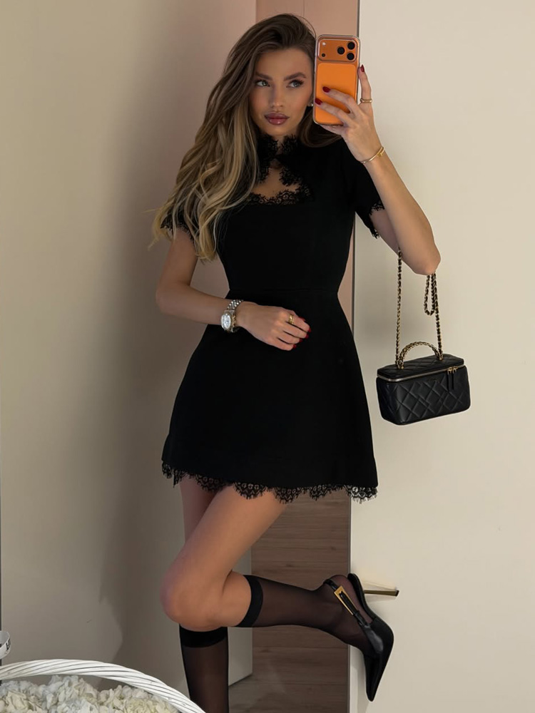 Black Lace Hollow Out Mini Dress, Tossy Patchwork Short Sleeve, Sexy High Waist Women's Casual Party Dress