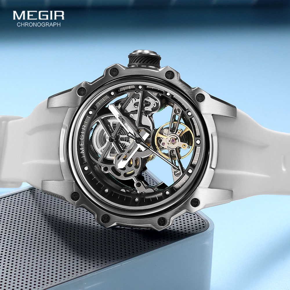 Automatic Mechanical Watch Men Skeleton Dial, Waterproof Sport Wristwatch, Stainless Steel Case, Silicone Strap