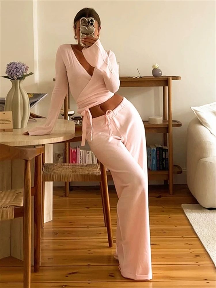 Absobe Women's Autumn Winter Knit 2-Piece Lounge Set – Flare Sleeve Crop Cardigan & Wide-Leg Pants Outfit