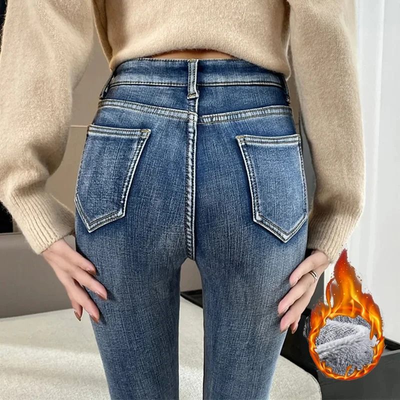 Womens High Waist Fleece Lined Straight Leg Jeans Warm Winter Denim Pants