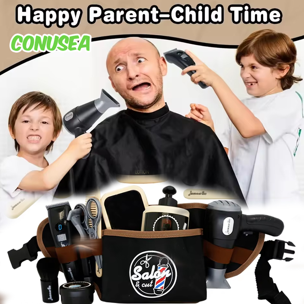 Barber Role Pretend Play Toy for Boys, Electric Hairdressing Cosmetics Tools Set, Kids Hair Salon Shaving Sets