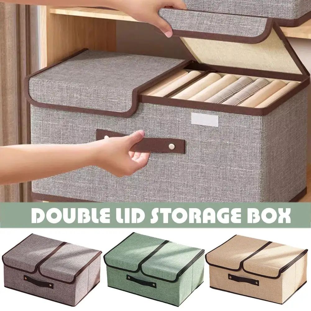 Foldable Non Woven Storage Box with Double Lid for Clothes and Underwear Organization