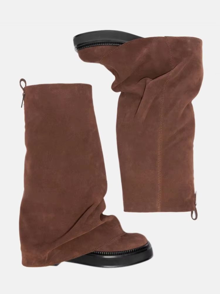 Women's Autumn Winter Calf Boots – Pleated Leather Mid-Leg Design with Thick High Heels
