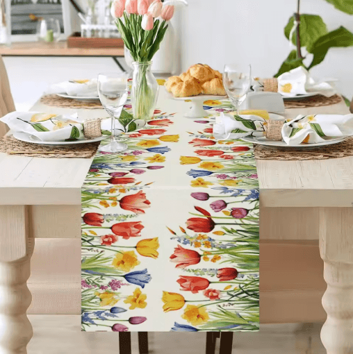 Sunflower Daisy Linen Table Runner Colorful Farmhouse Floral Decor for Spring & Summer