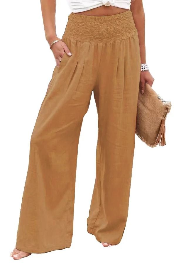 Women Drawstring Wide Leg Casual Pants Mid Waist Beach Trousers
