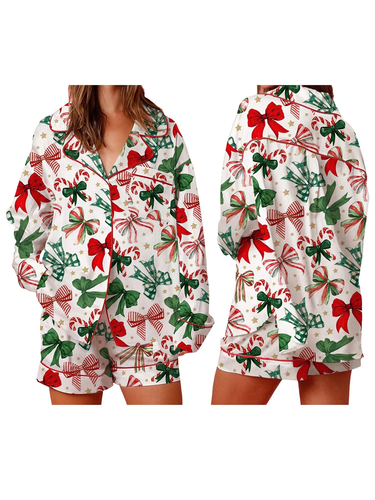 Womens Festive Holiday Bow Print Pajama Set