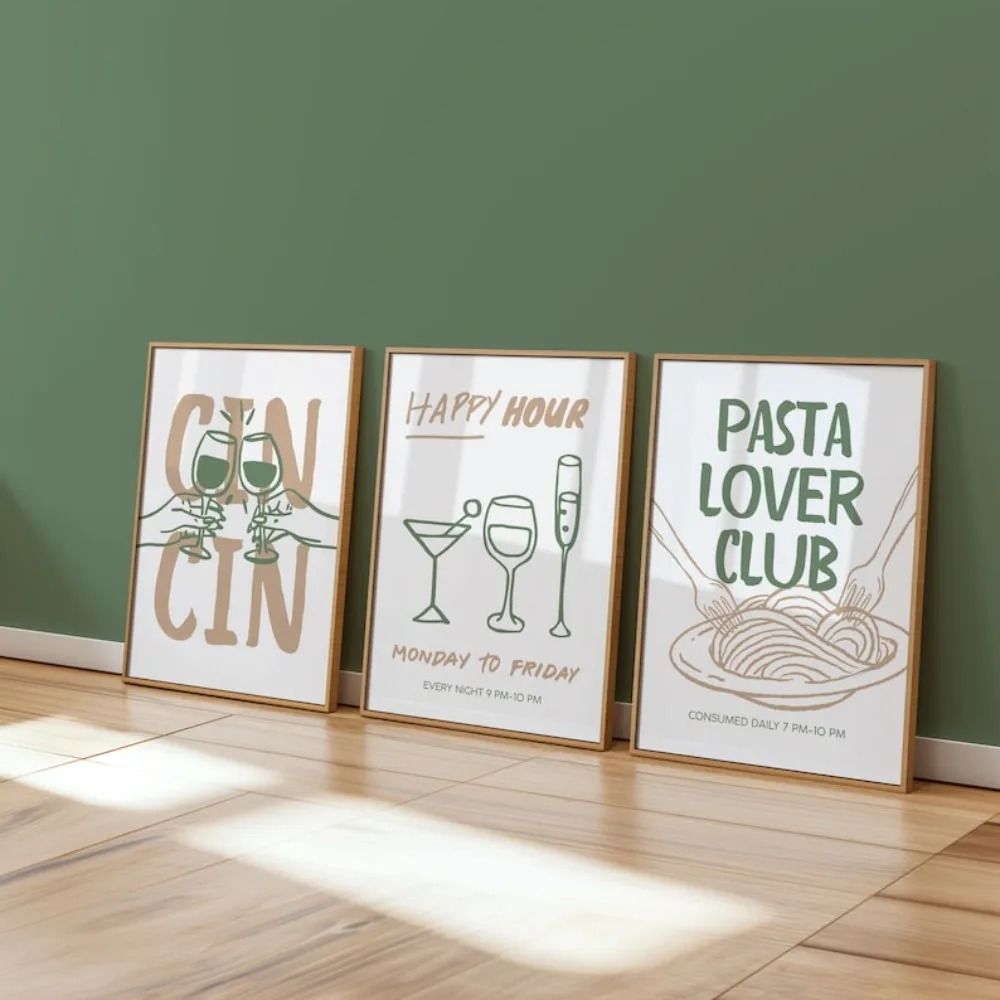 Cin Cin Social Triptych | 3-Pack Retro Italian Cocktail Art | Executive Kitchen & Bar Cart Sanctuary Decor