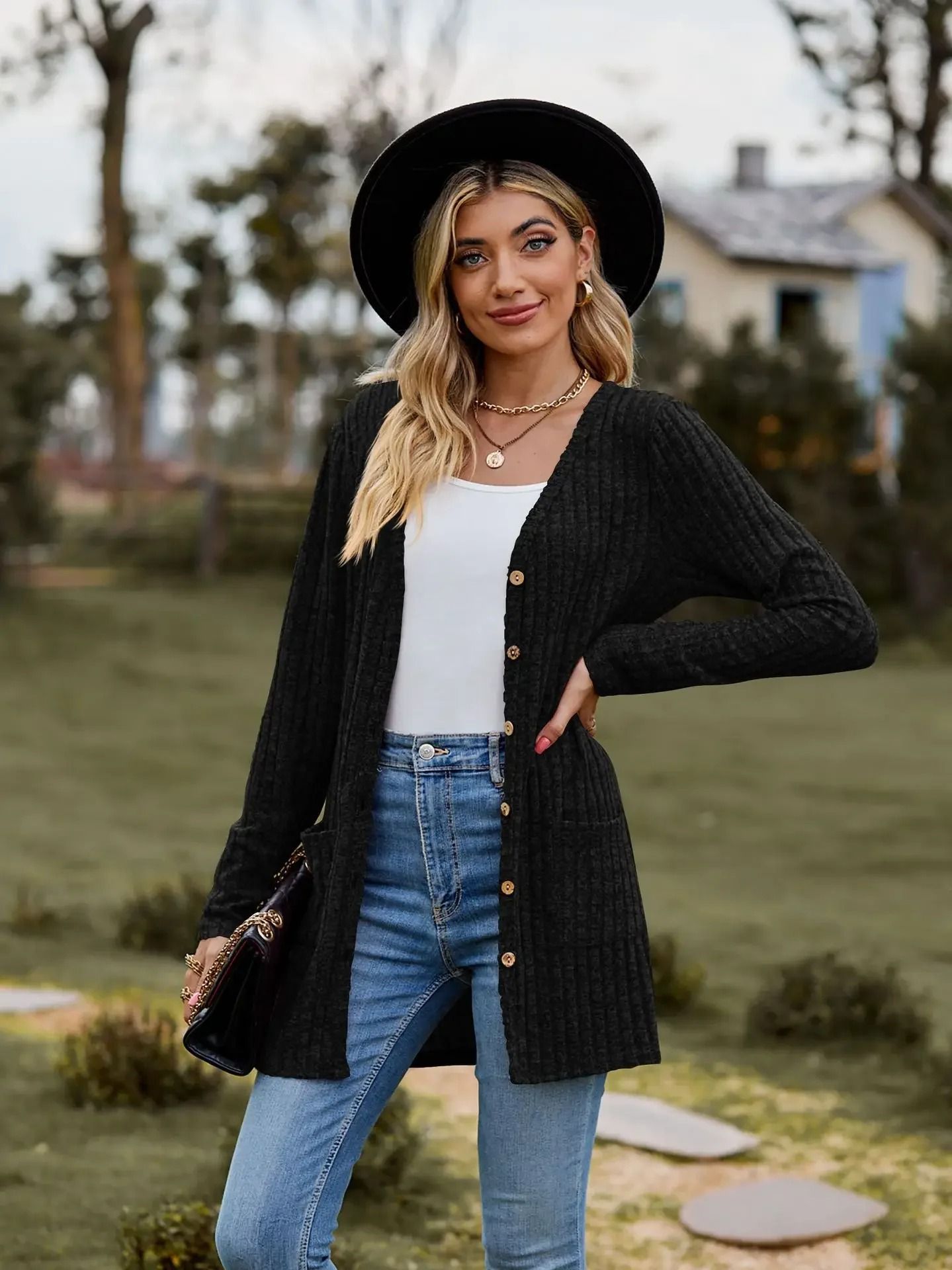 Women Long Sleeve Button V Neck Casual Cardigan Jacket