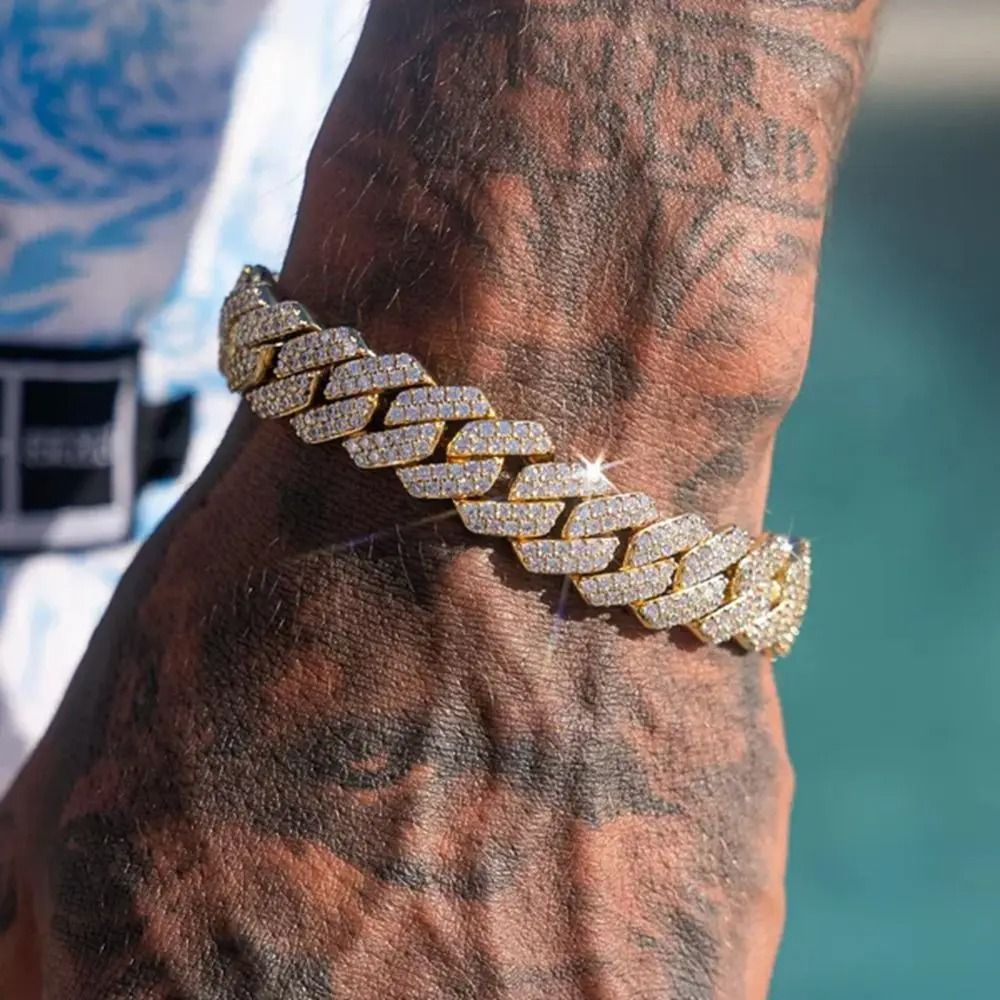 Mens Iced Out Cuban Bracelet Rhombus Design Diamond Look Chain