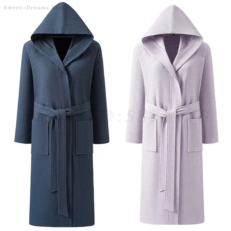 Couple Hooded Waffle Cotton Bathrobe Kimono Lounge Sleepwear Robe Set