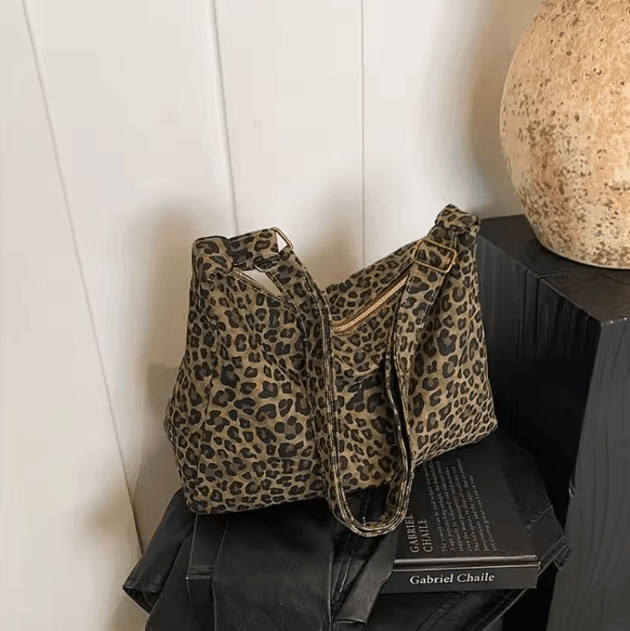 Leopard Print Shoulder Bag Large Capacity Soft Textile Crossbody Tote for Women