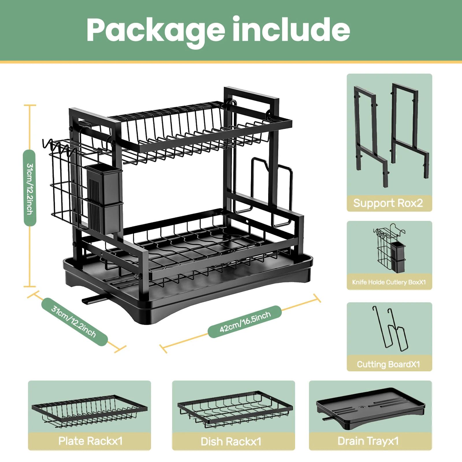 Rustproof Dish Drainer Rack, Utensils Holder & Drip Tray, Large Capacity Kitchen Drying Rack