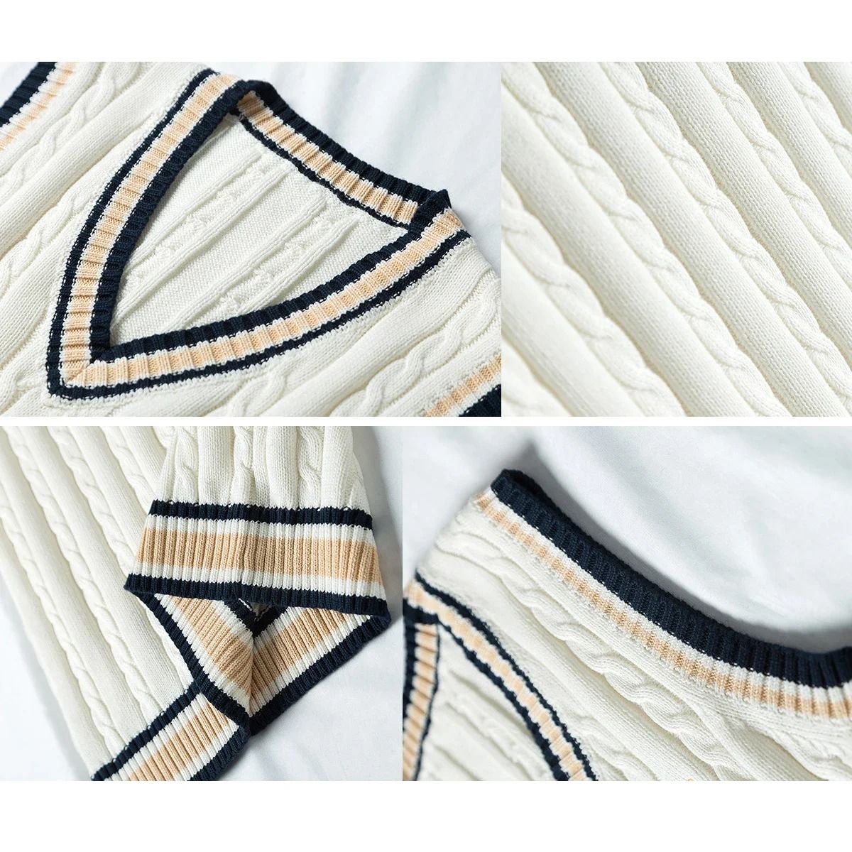 Mens Thick Knitted V Neck Sweater Vest Retro Striped Casual Pullover
