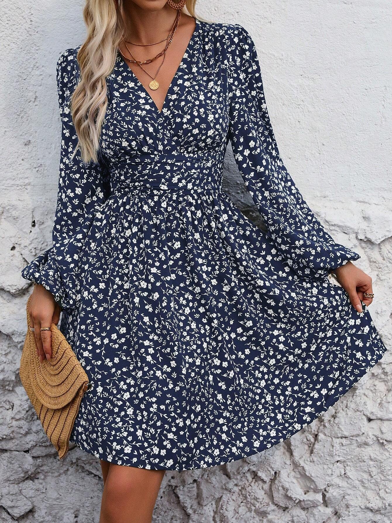 Women Winter Neck Lantern Sleeve Dress, Knit Dress with Waist Shirring, Bodycon Maxi