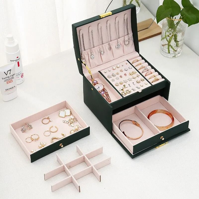Exquisite Three-Layer Leather Jewelry Box – Professional Multi-Purpose Storage
