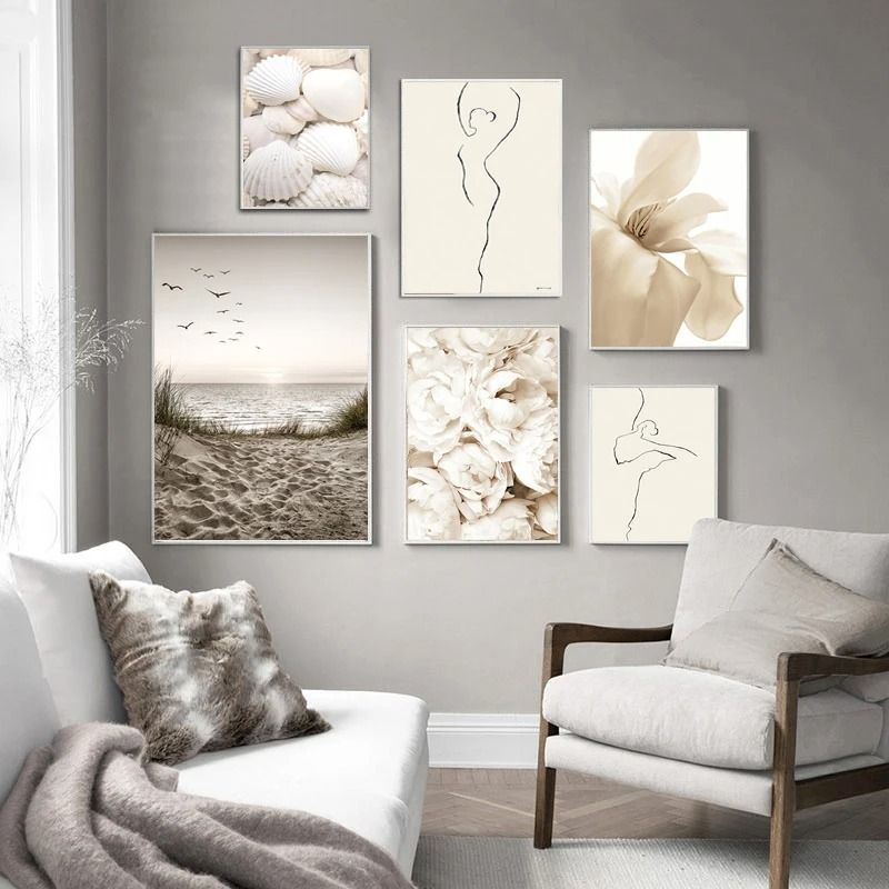 Nordic Coastal Canvas Art | White Shell & Dandelion Beach Wall Prints