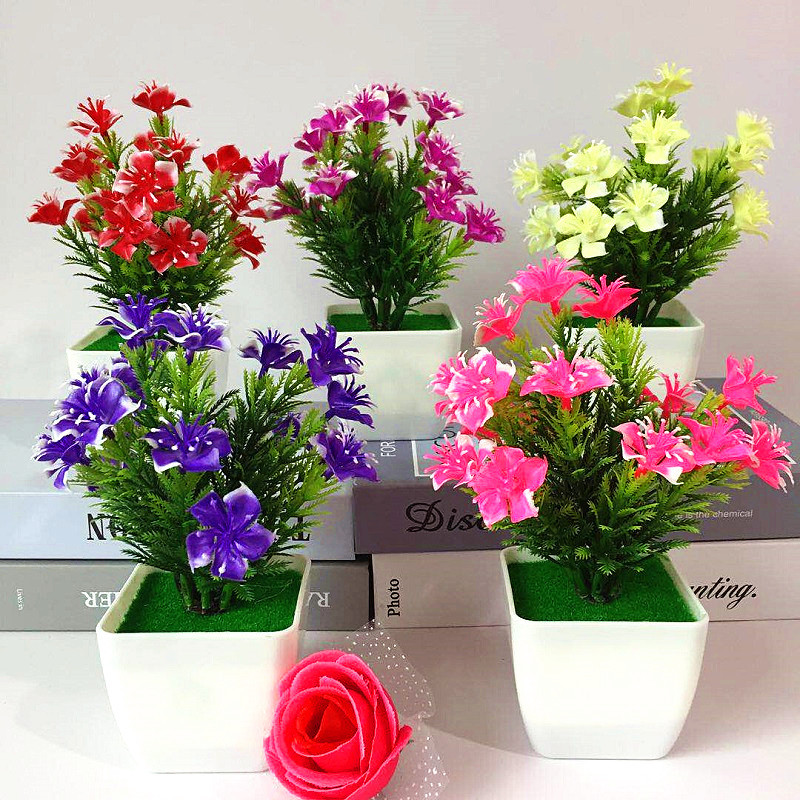 Artificial Bonsai Flower Plant in Pot - Small Fake Plants for Home, Office, or Garden Decor
