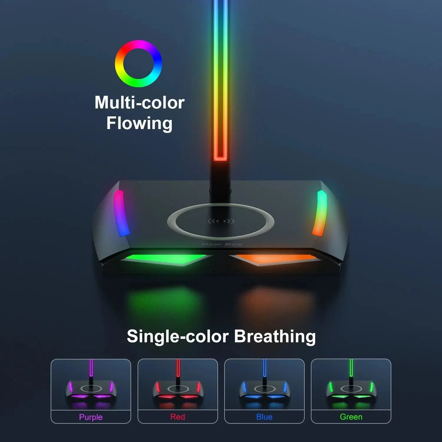 RGB Headset Stand with Wireless Charger, Gaming Headphone Holder Dock with LED Lights & Non-Slip Base