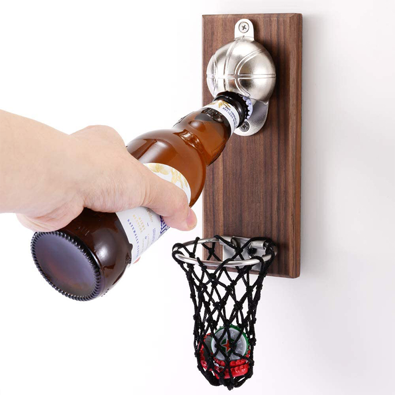 Magnetic Basketball Bottle Opener with Wooden Wall-Mount and Cap Catcher Perfect Gift for Basketball Lovers