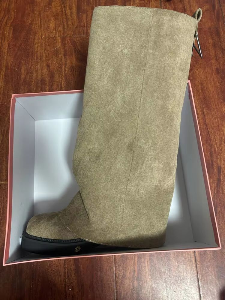 Women's Autumn Winter Calf Boots – Pleated Leather Mid-Leg Design with Thick High Heels