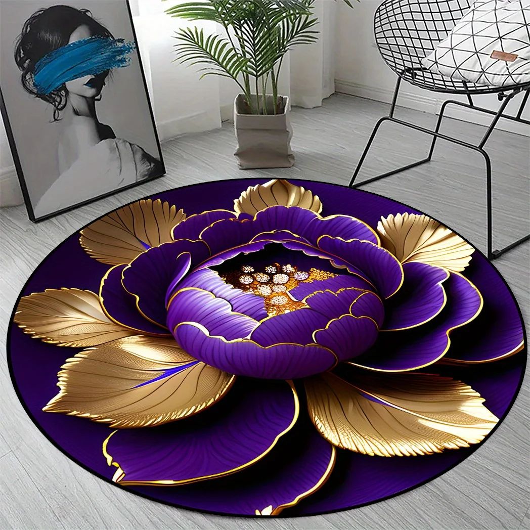 Purple Gold Peony Round Area Rug – Washable Non-Slip Polyester Carpet for Living Room & Bedroom Decor