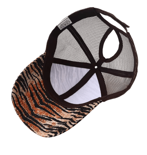 Leopard Print High Ponytail Trucker Hat Breathable Womens Mesh Snapback Cap