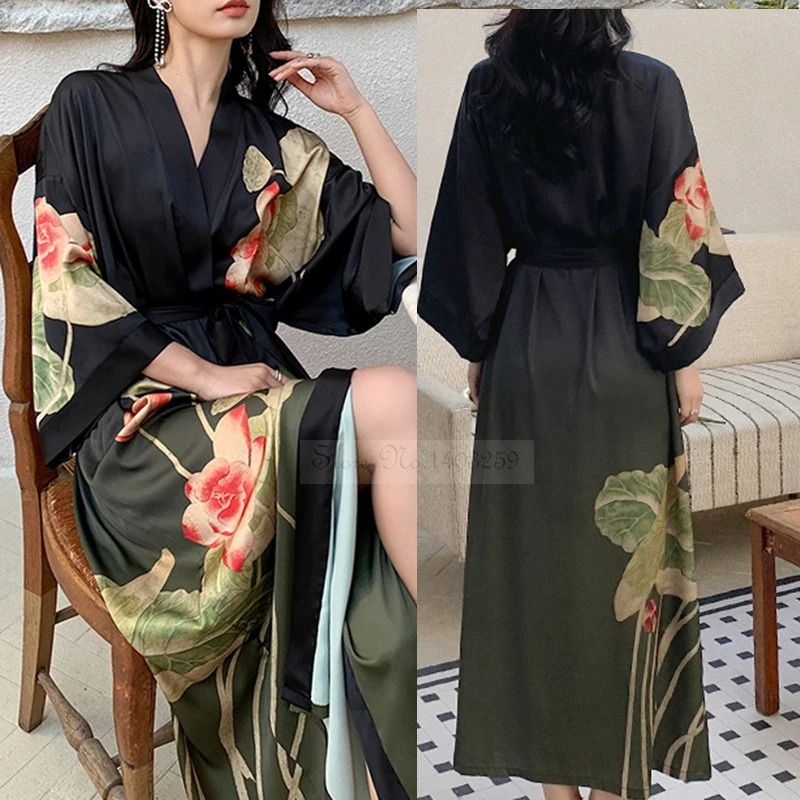 New Spring Summer Female Long Robe Set – Sexy Flower Print Kimono & Silk Satin Casual Lounge Wear