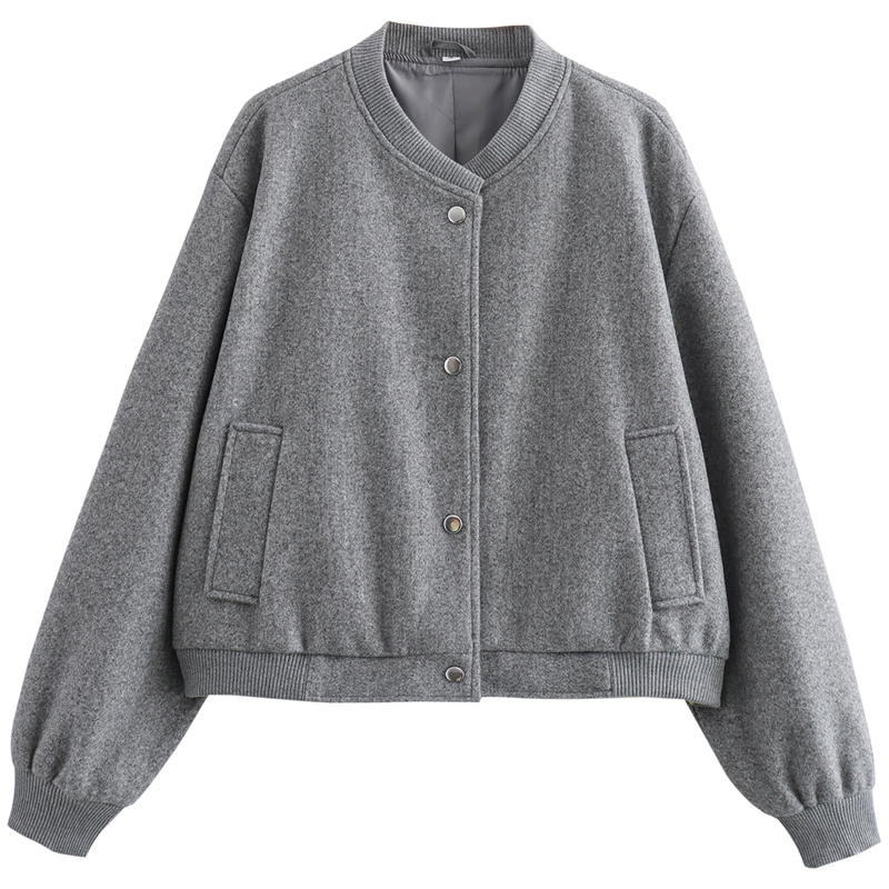 Autumn Crop Womens Bomber Jacket Soft Tweed Outerwear Black Grey Khaki Beige Darkgrey Long Sleeve O Neck Coat
