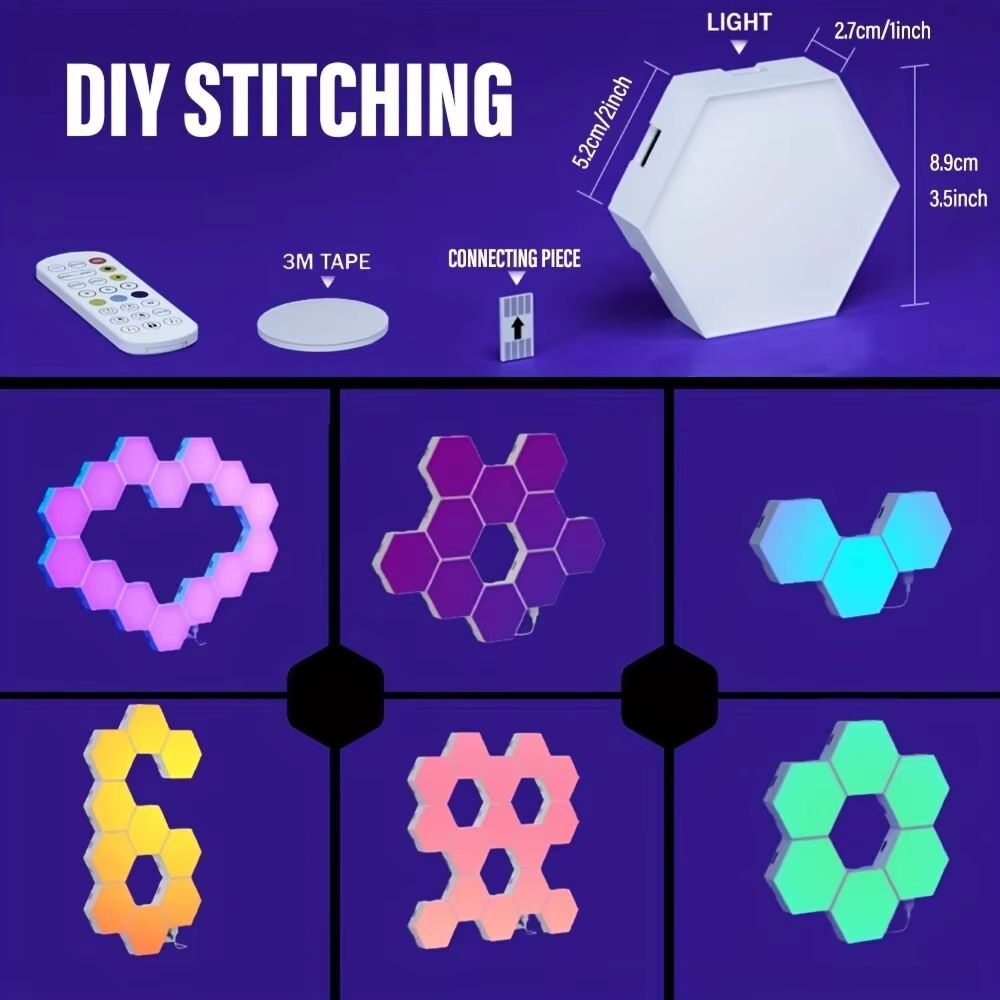 RGB Smart Hexagonal Wall Light Panels – Music Sync, App Control & DIY Layout for Ambient Lighting