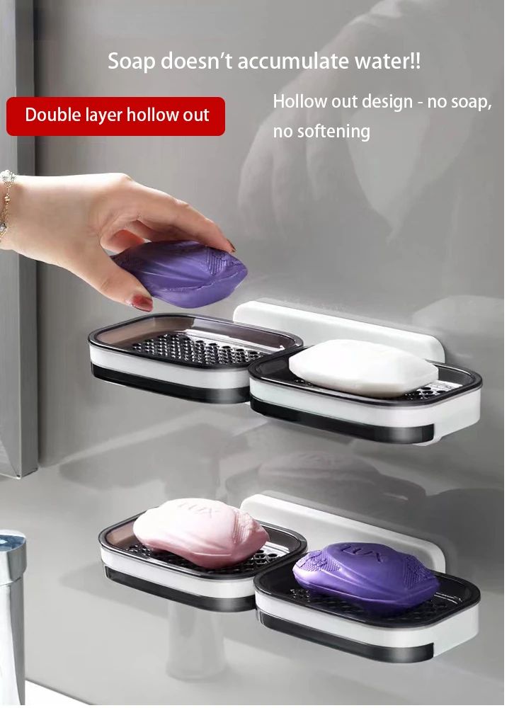 No-Drill Double Layer Bathroom Storage Rack with Drainage – Wall Mounted Soap Holder & Organizer