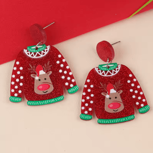 Festive Christmas Sweater Earrings Acrylic Santa and Snowflake Holiday Dangle Earrings