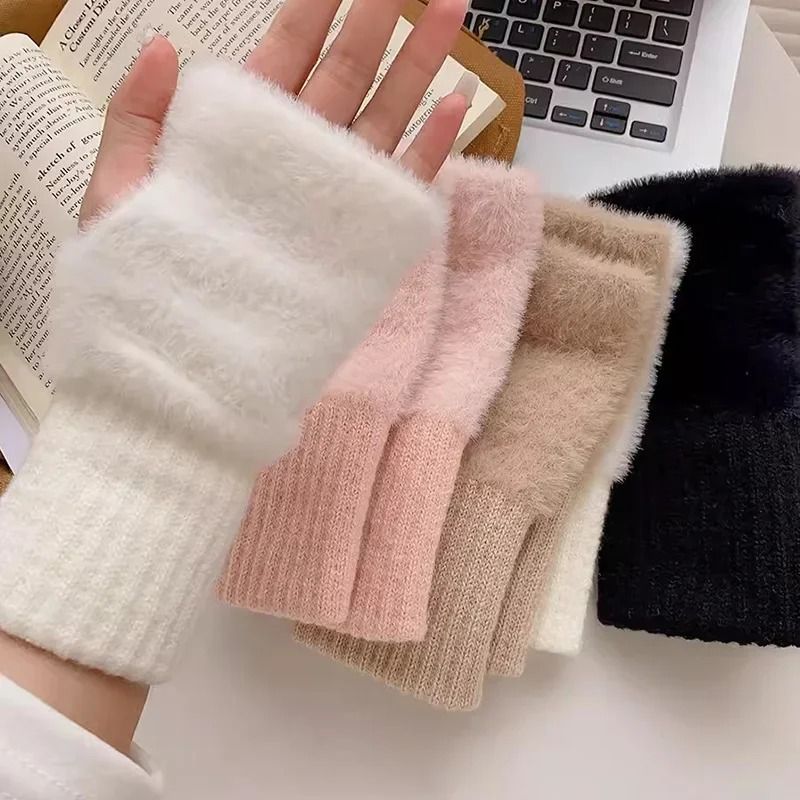 Soft Winter Half Finger Women Gloves Warm Plush Knitted Fingerless Mittens