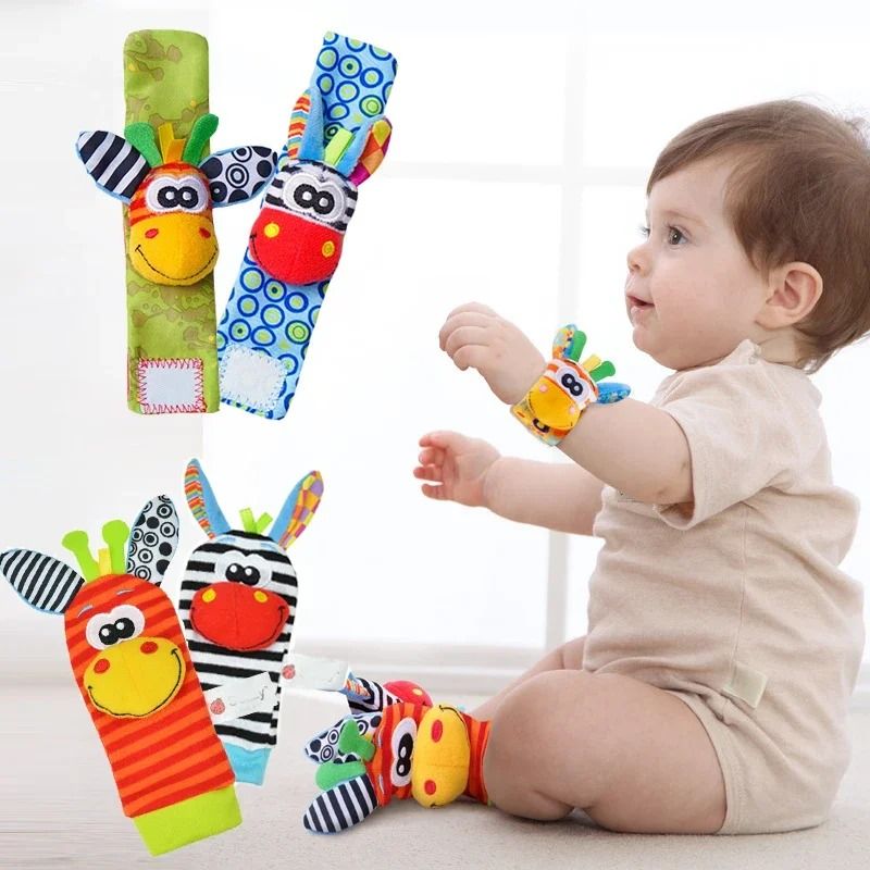 Newborn Infant Kids Animal Sock and Wrist Strap Rattle Foot Finder Toy Set 0-36 Months