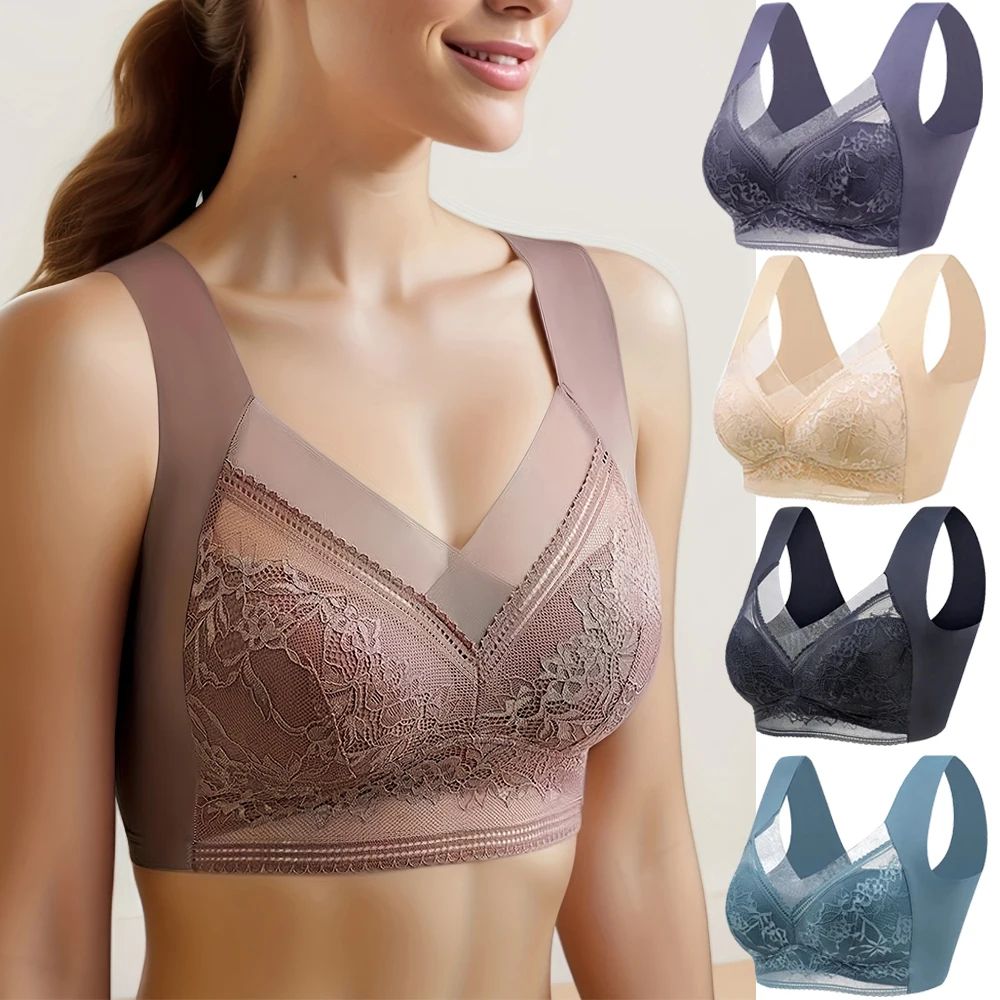Womens Seamless Ice Silk Push Up Lace Wireless Bra