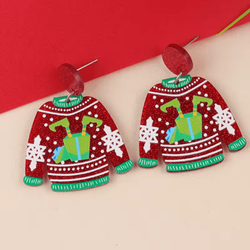 Festive Christmas Sweater Earrings Acrylic Santa and Snowflake Holiday Dangle Earrings