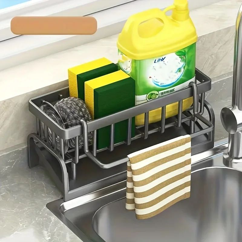 Auto Draining Kitchen Sink Sponge Holder – Plastic Sink Caddy Organizer with Removable Brush Holder