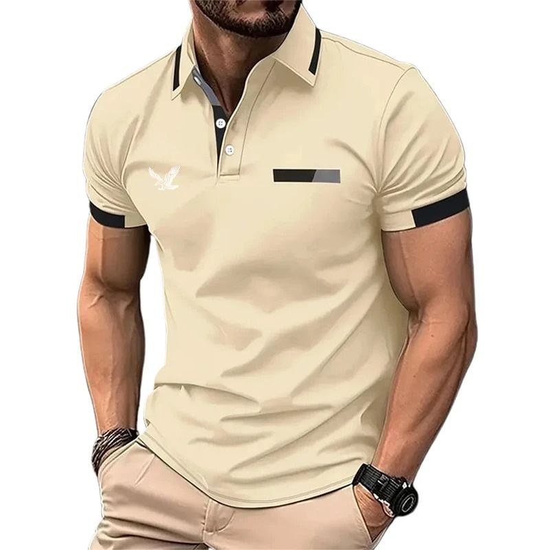 Mens Color Block Golf Polo Modern Short Sleeve Lapel Shirt