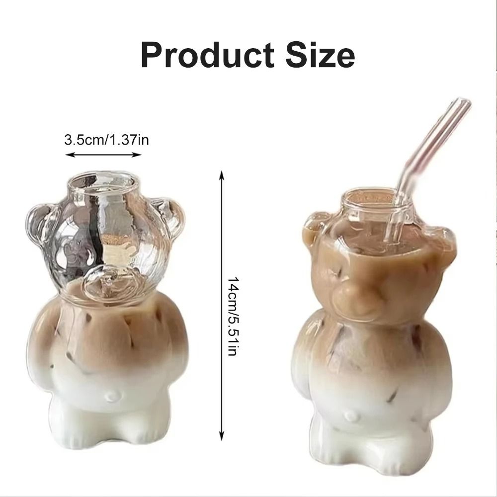 Cartoon Bear Glass Mug – 10.8 oz Creative Transparent Cup with Straw