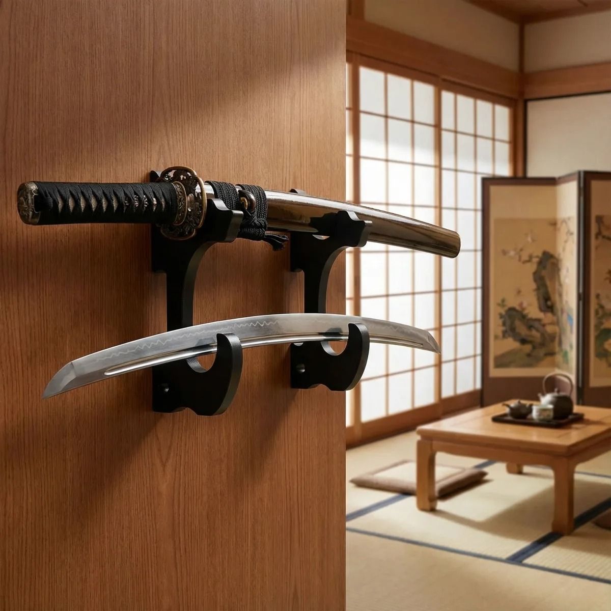 Wall-Mounted Sword & Rifle Rack – Solid Wood Samurai Katana Display – Heavy-Duty Shotgun & Sniper Rifle Holder