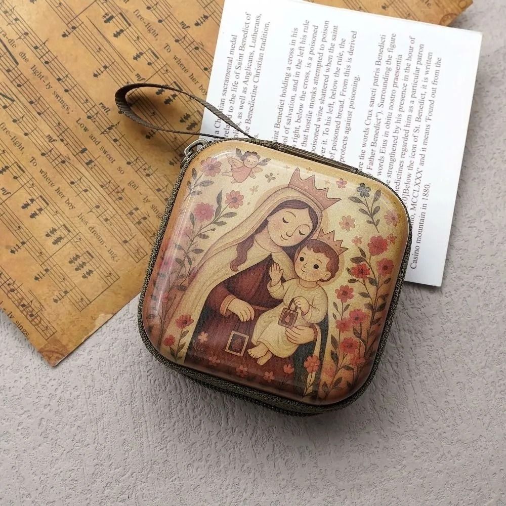 Virgin Mary Prayer Rosary Bag – 2.8 in Zippered Christian Jewelry Box – High-Yield Devotional Interaction Hub