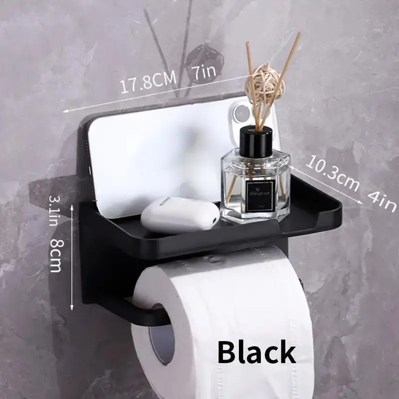 Wall-Mounted Toilet Paper Holder with Phone Shelf, No Drill, Polypropylene Bathroom Organizer