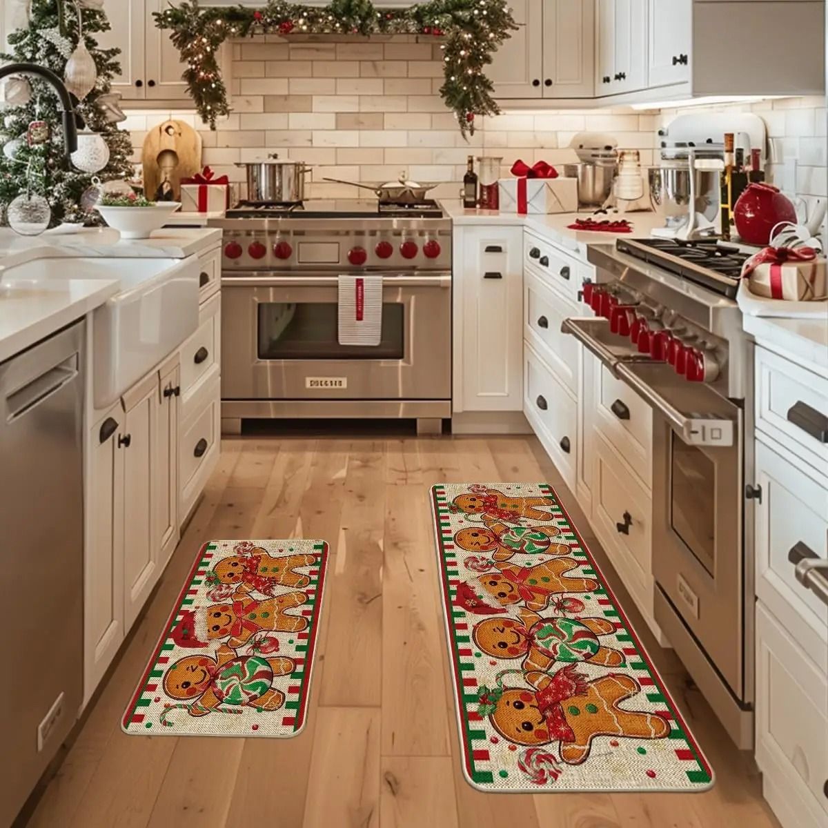 Christmas Gingerbread Man Crystal Velvet Kitchen Floor Mat Set