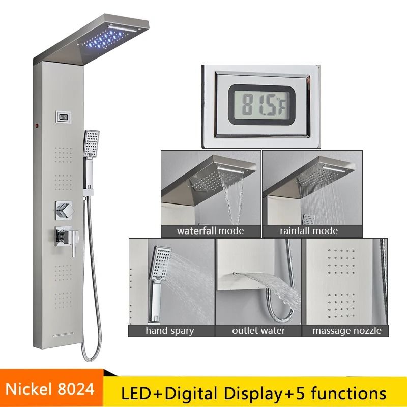 LED Rainfall Shower Panel with Digital Display and Massage Jets