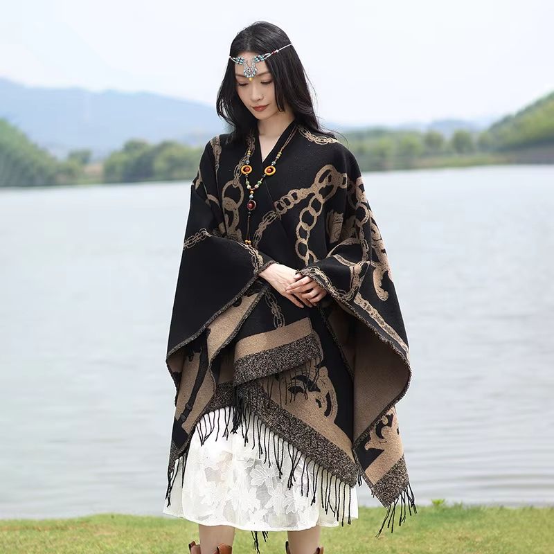 Luxury Jacquard Cashmere Poncho Cape, Thick Unisex Travel Shawl Wrap